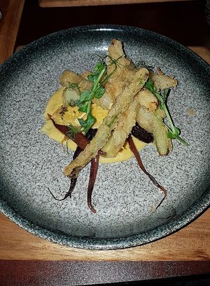 Asparagus tempura at Stokey Veg Vegan in North London