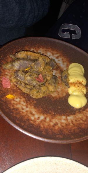 Nasturtium roots tempura  at Stokey Veg Vegan in North London