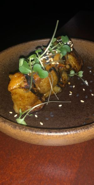 Aubergine, den miso glade, black sesame  at Stokey Veg Vegan in North London