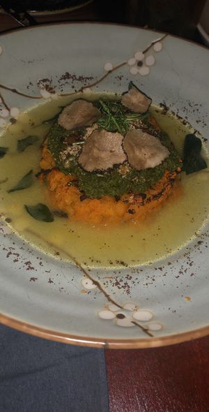 Pumpkin, sage pesto, truffle  at Stokey Veg Vegan in North London