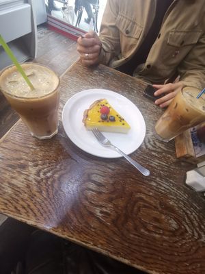 Vegan custard tart fruit tart and oatly iced coffees! at La Duchesse in North London