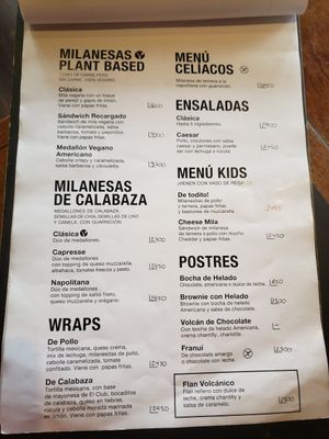 Menu at El Club de la Milanesa in Buenos Aires