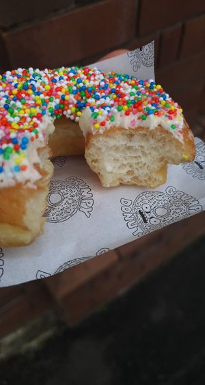 Puffy fluffy yummy, a fairy bread donut at Grumpy Donuts in Camperdown