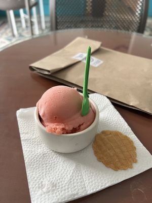 Fresa con limón (the cookie is not vegan!)  at Pola Gelato Shop in Merida