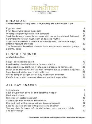 Food section of Menu at The Fermentist in Christchurch