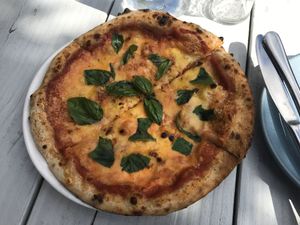 Margarita pizza with vegan cheese. Came with fries for $15 (lunch special)  at The Fermentist in Christchurch