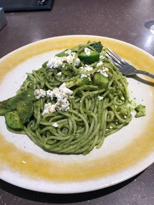 Pesto pasta with soy cheese at Cosme Kitchen Adaptation in Osaka