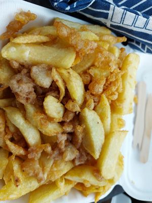 Chips and scraps at Capplemans Fish and Chips in Scarborough