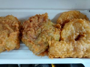 Pea bombs, Pineapple fritters and a battered sausage at Capplemans Fish and Chips in Scarborough