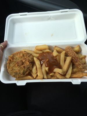 Mushy pea bomb with Linda McCartney sausage, curry sauce and chips   at Capplemans Fish and Chips in Scarborough