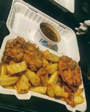 Battered tofu with chips and curry sauce at Capplemans Fish and Chips in Scarborough