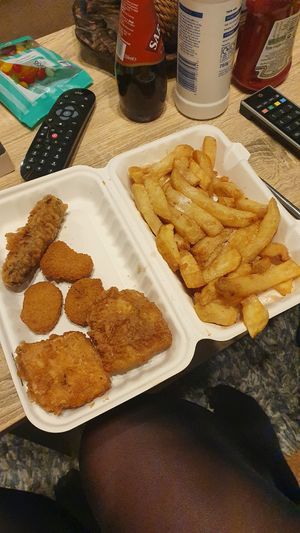 Battered LM sausage, tofu, Quorn nuggets, and chips! at Capplemans Fish and Chips in Scarborough