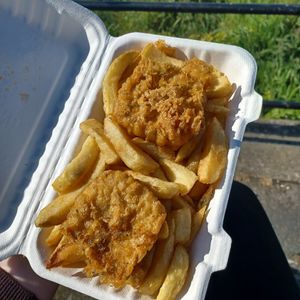 Battered tofu and chips at Capplemans Fish and Chips in Scarborough