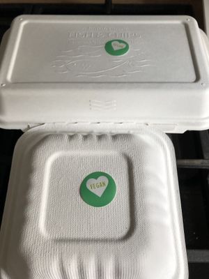 Containers, clearly marked vegan  at Capplemans Fish and Chips in Scarborough