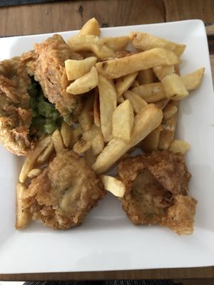 Tofish, chips & mushy pea bomb  at Capplemans Fish and Chips in Scarborough