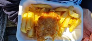 Tofu fish and chips (partly eaten).  Picture doesn't do it justice.   Very filling and very tasty. at Capplemans Fish and Chips in Scarborough