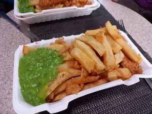 Linda Mc in batter, chips, scraps & mushies at Capplemans Fish and Chips in Scarborough