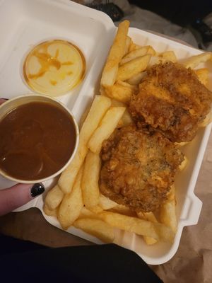 Battered tofu and chips, curry sauce side at Capplemans Fish and Chips in Scarborough