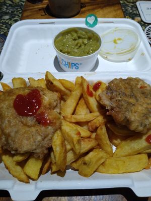 Good sized portion & the only plastic item was the peas' lid. at Capplemans Fish and Chips in Scarborough