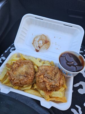 Tofu, chips & gravy! at Capplemans Fish and Chips in Scarborough