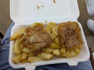 Battered tofu and chips at Capplemans Fish and Chips in Scarborough