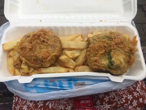 Fishless fish cake, mushy pea bomb and chips  at Capplemans Fish and Chips in Scarborough