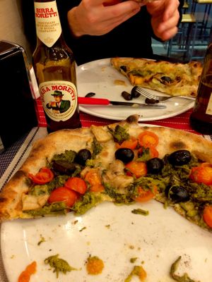 Fennel, olives, tomatoes. Good, but the potato, bell pepper, onion, and olive one was maybe better.  at Timilia in Palermo