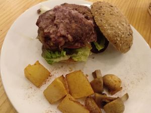 Vegan burger (the same they served on the menu of the day but with some side dish) at Raices in Pamplona