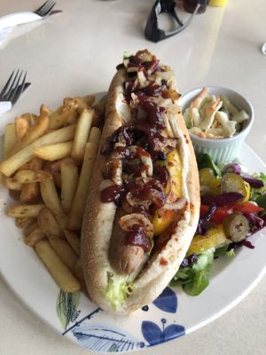 Hot dog (double length) with jalapeños, fried onions and roasted veg), fries, side salad and vegan coleslaw  at Delphine's Diner in Felixstowe