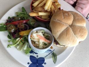 Home made ‘secret’ recipe burger  at Delphine's Diner in Felixstowe