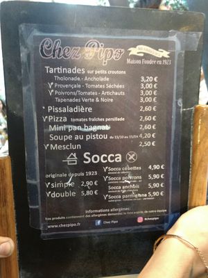 Menu at Chez Pipo in Nice