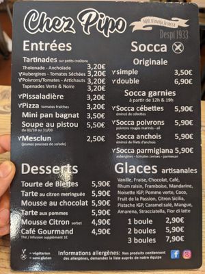Menu at Chez Pipo in Nice