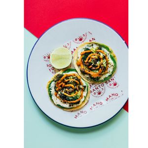 Tostadas de verdura de temporada con pipián de pipas de calabaza.  at Mano de Santo in Sevilla