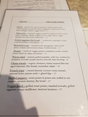 Vegan menu at The Dark Horse in Traralgon