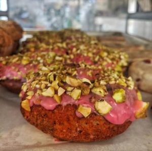 Raspberry pistachio vegan donut  at Boxer Donut in Nyack