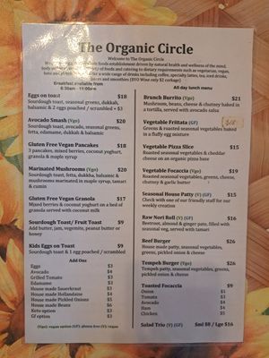 Menu at The Organic Circle  in Armadale
