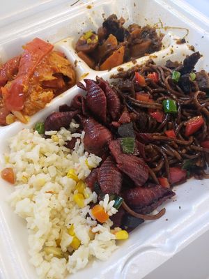 Rasta Pasta, lo mein, vegetable rice, stew and seitan and peppers! at Shandal's Vegetarian Cafe in Bridgeport
