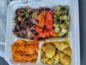 6 options to go, including okra, Ginger chikn, rice and peas, and spicy chikn stew at Shandal's Vegetarian Cafe in Bridgeport