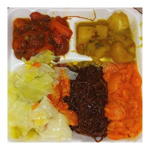 Carrots, Potatoes, cabbage, Vegan Curry Chicken, Noodles, & Fava beans at Shandal's Vegetarian Cafe in Bridgeport