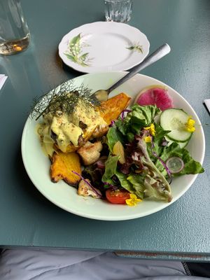 Vegan “mushroom Benny"  at Charlotte & The Quail in Victoria