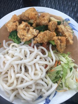 V16 vegetables, udon noodles, vegan crispy chicken  at Nammi in Berlin