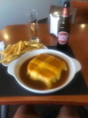 Portuguese Francesina with fries at Spacos in Vila Praia De Ancora