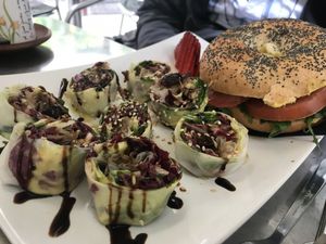 Beet root bagel burger! Wow wow wow!!! at Tea Room Beatrice in Venice