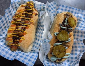 Cumberland hot dogs two different ways at Vausages in Lichfield