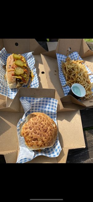 Hotdog, burger and fries at Vausages in Lichfield