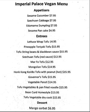 Vegan menu from website at Imperial Palace in Virginia Beach