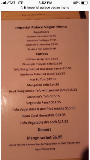 Vegan menu  at Imperial Palace in Virginia Beach