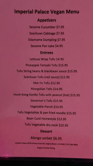 Vegan menu at Imperial Palace in Virginia Beach