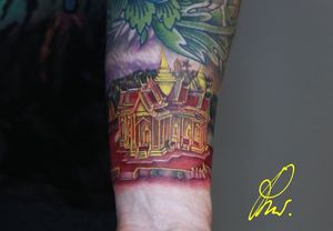 A Thai temple - tattoo by Ahm at Panumart Tattoo in Chiang Mai