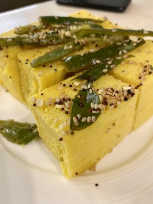 Khaman (Dhokla) - steamed gram flour cakes  at Mr Naan & Mrs Idly in Kuala Lumpur